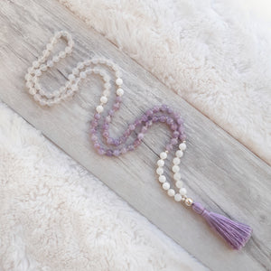 Lavender Jade, Opaque Jade and White Agate Mala Necklace