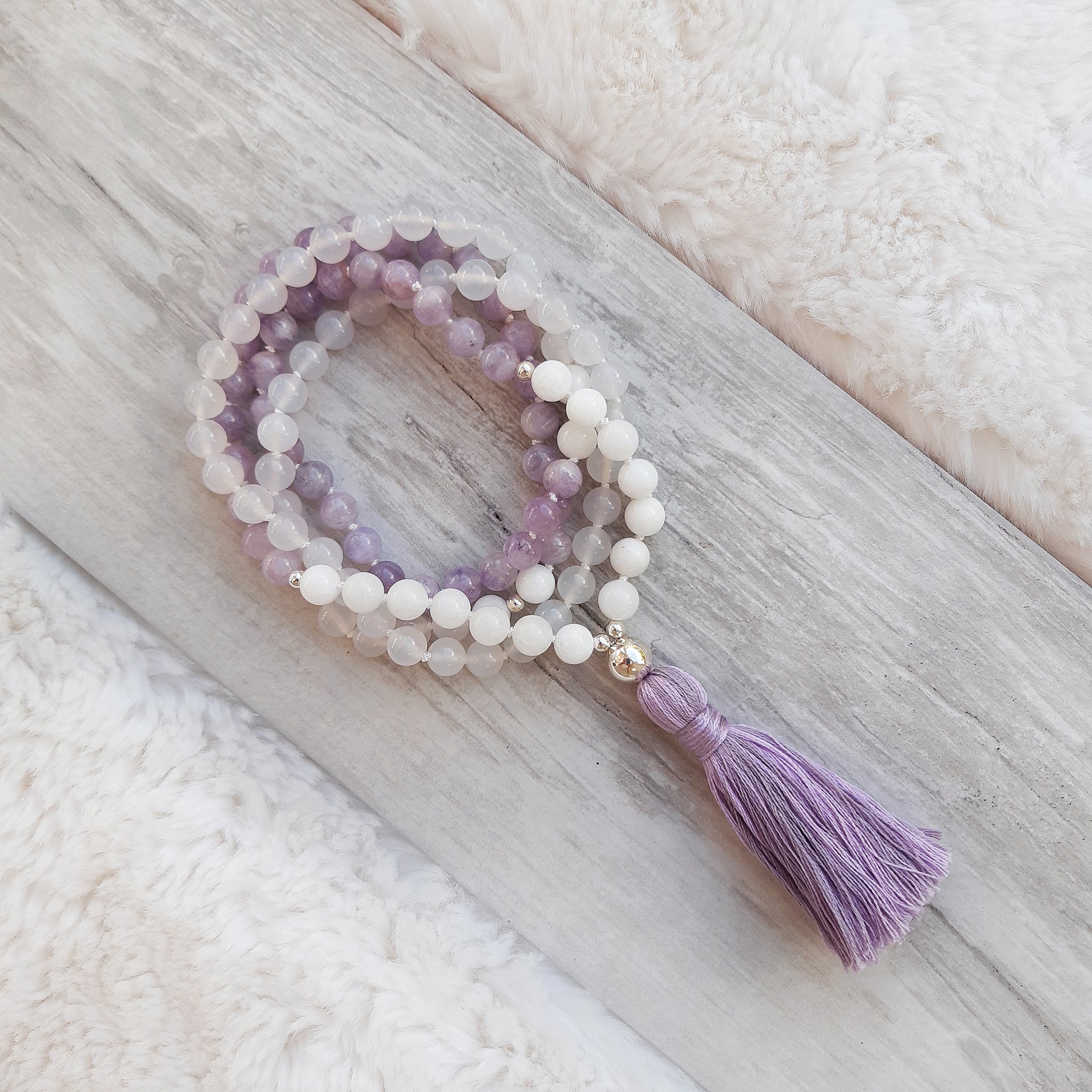 Lavender Jade, Opaque Jade and White Agate Mala Necklace