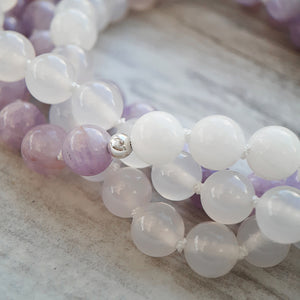 Lavender Jade, Opaque Jade and White Agate Mala Necklace