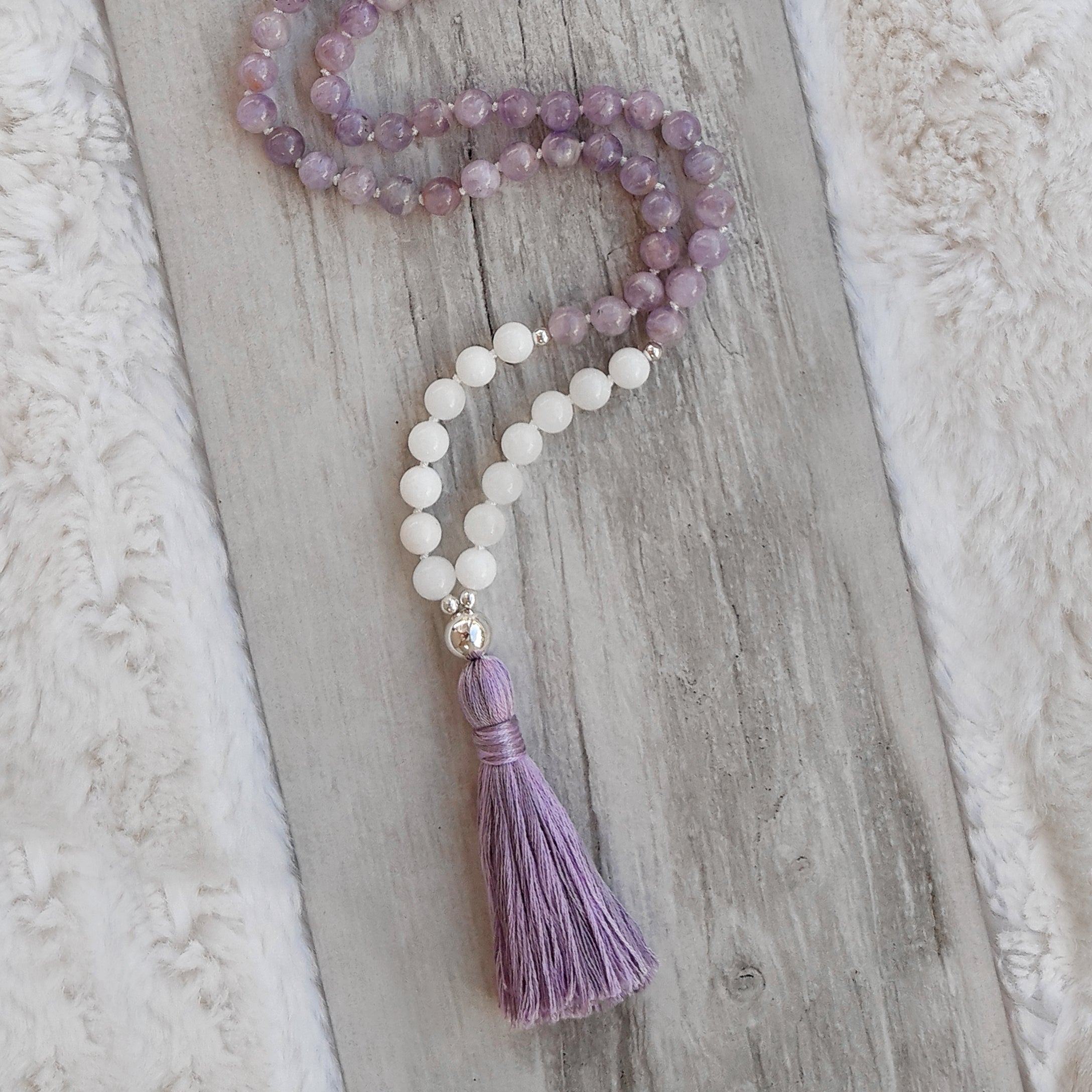 Lavender Jade, Opaque Jade and White Agate Mala Necklace