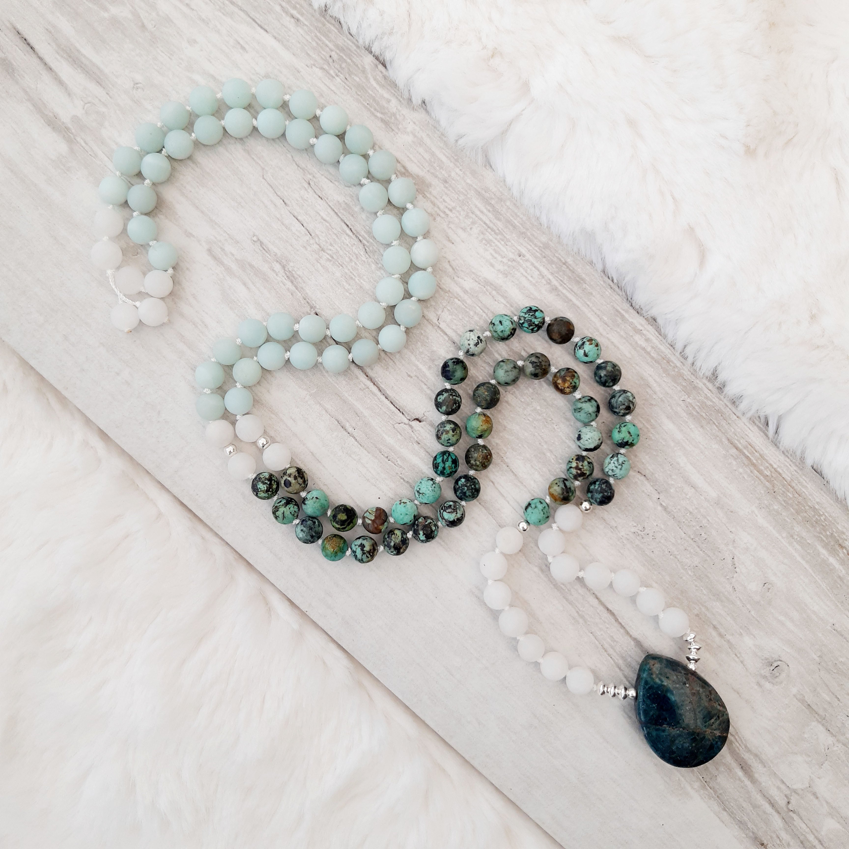 Frosted Amazonite, Turquoise, White Agate and Apatite Mala Necklace