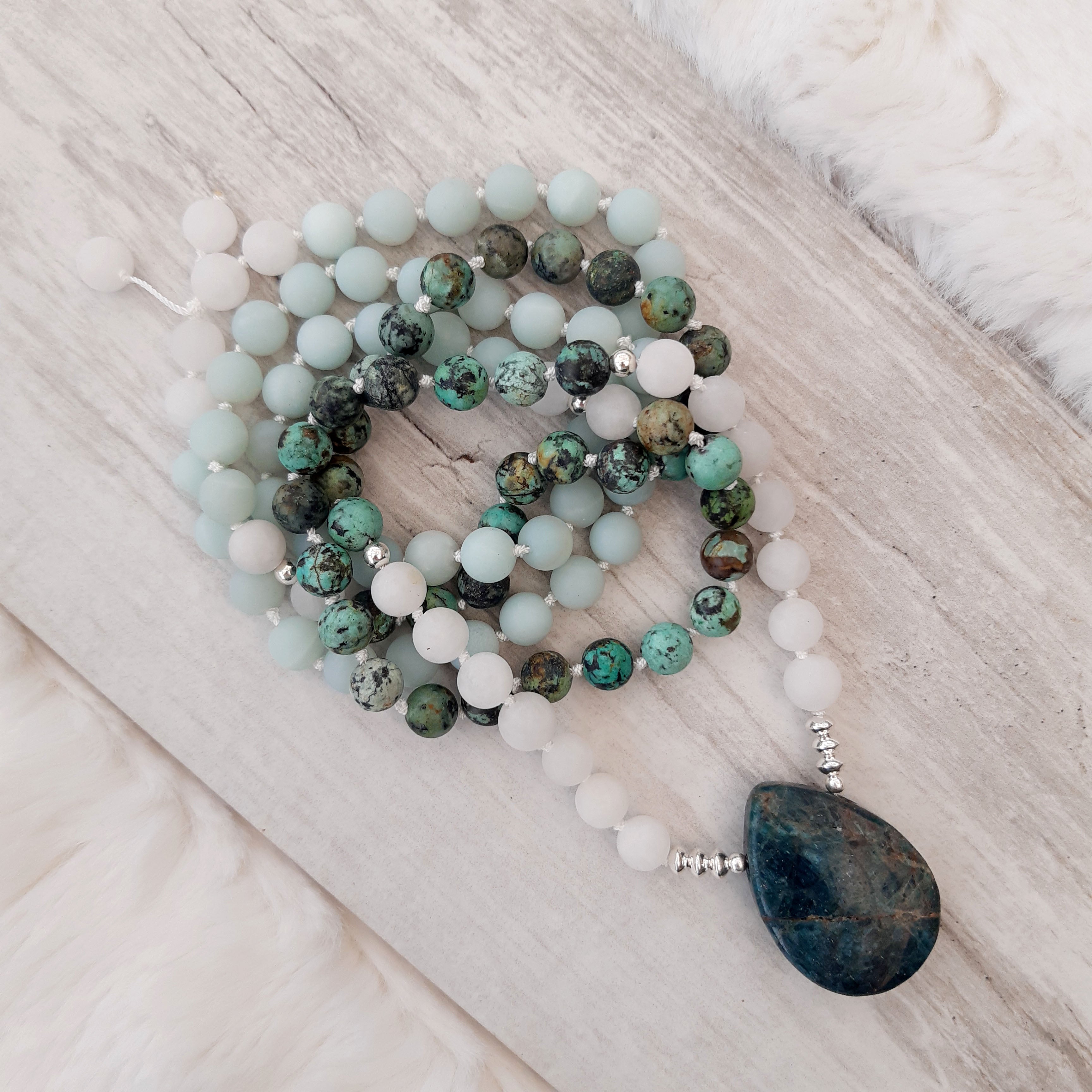 Frosted Amazonite, Turquoise, White Agate and Apatite Mala Necklace