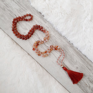 Dendritic Agate, Sunstone and Clear Quartz Mala Necklace