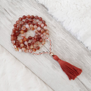 Dendritic Agate, Sunstone and Clear Quartz Mala Necklace