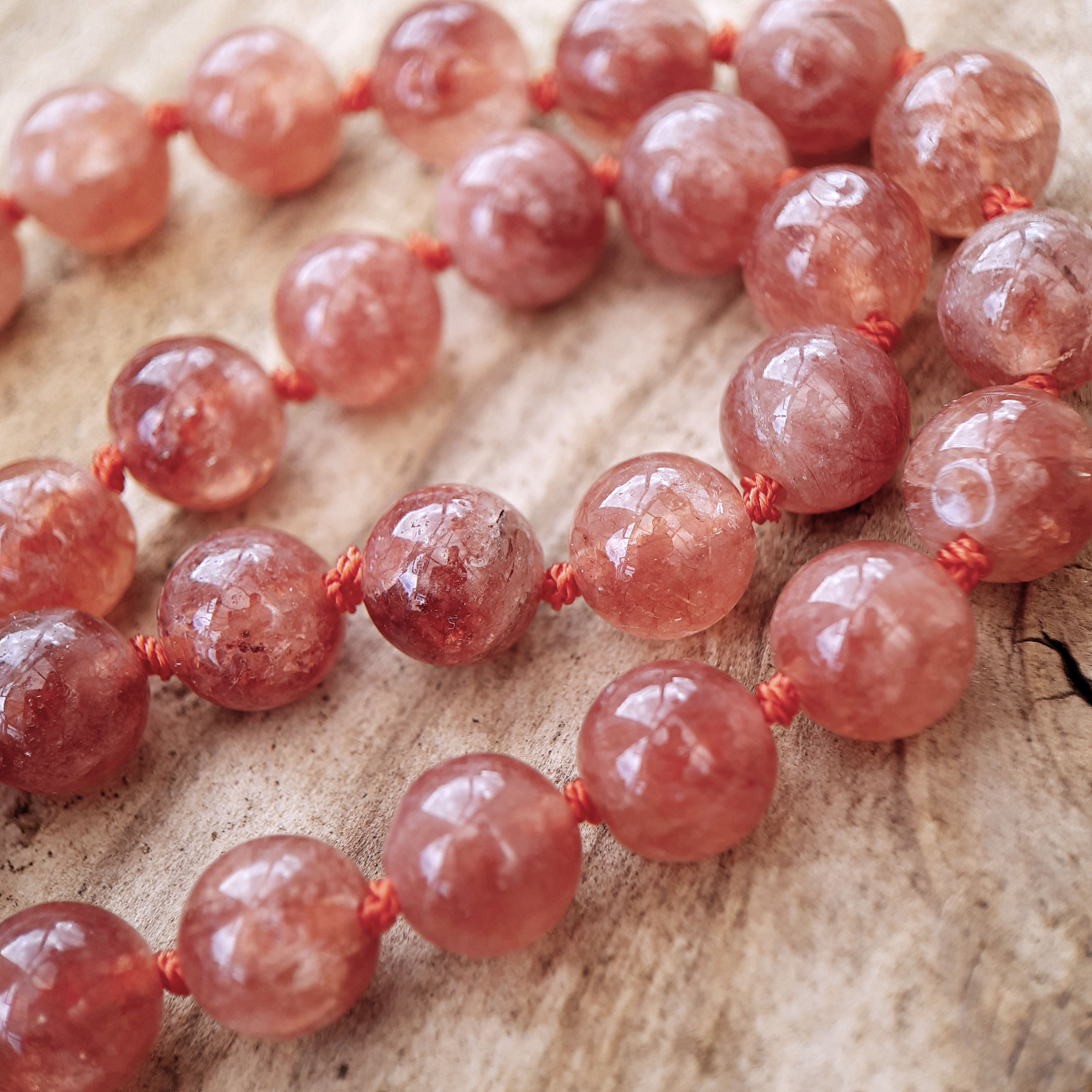 Dendritic Agate, Sunstone and Clear Quartz Mala Necklace