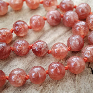 Dendritic Agate, Sunstone and Clear Quartz Mala Necklace