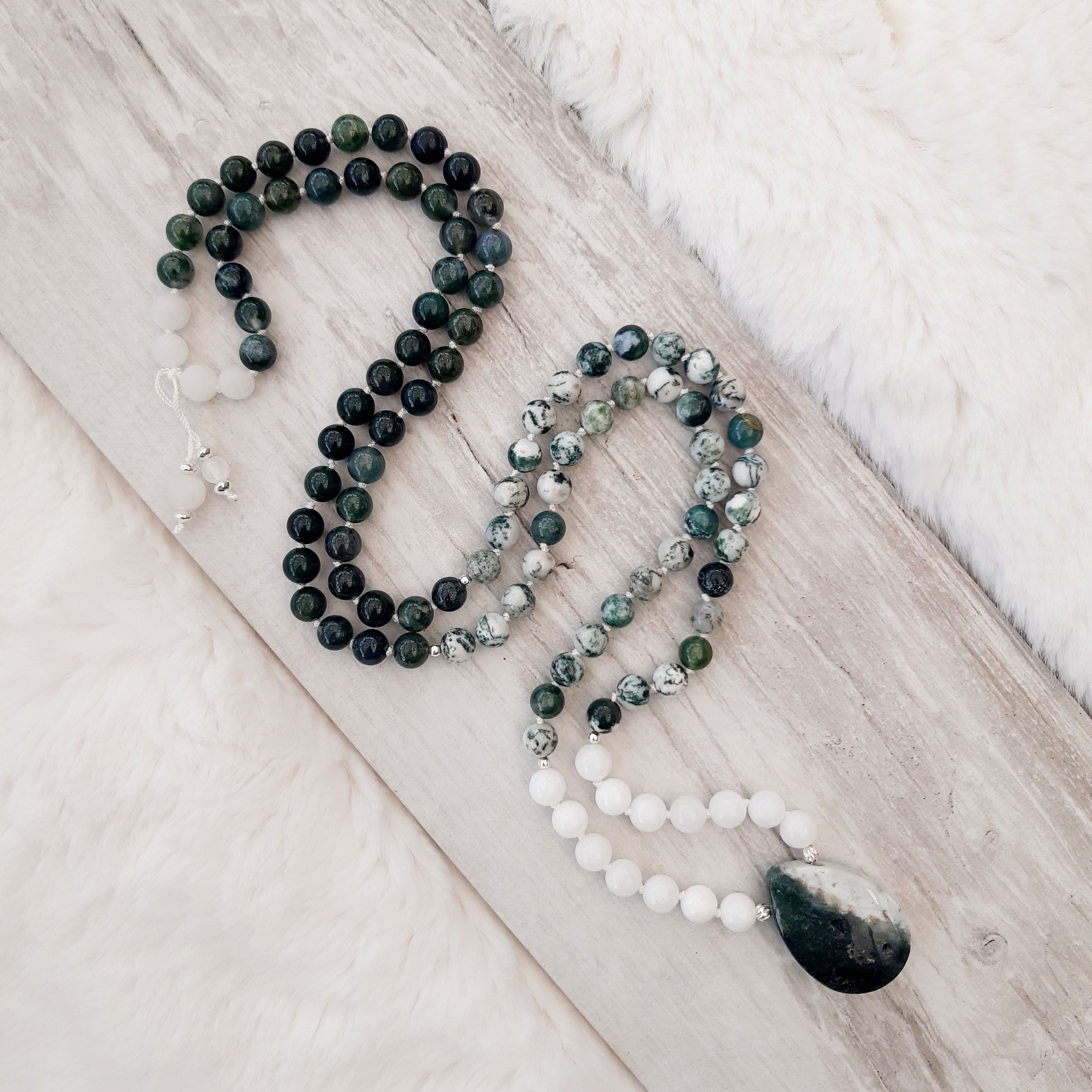 Tree Agate, Moss Agate, White Jade and Ocean Jasper Mala Necklace