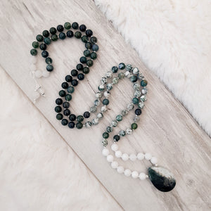 Tree Agate, Moss Agate, White Jade and Ocean Jasper Mala Necklace