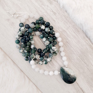 Tree Agate, Moss Agate, White Jade and Ocean Jasper Mala Necklace