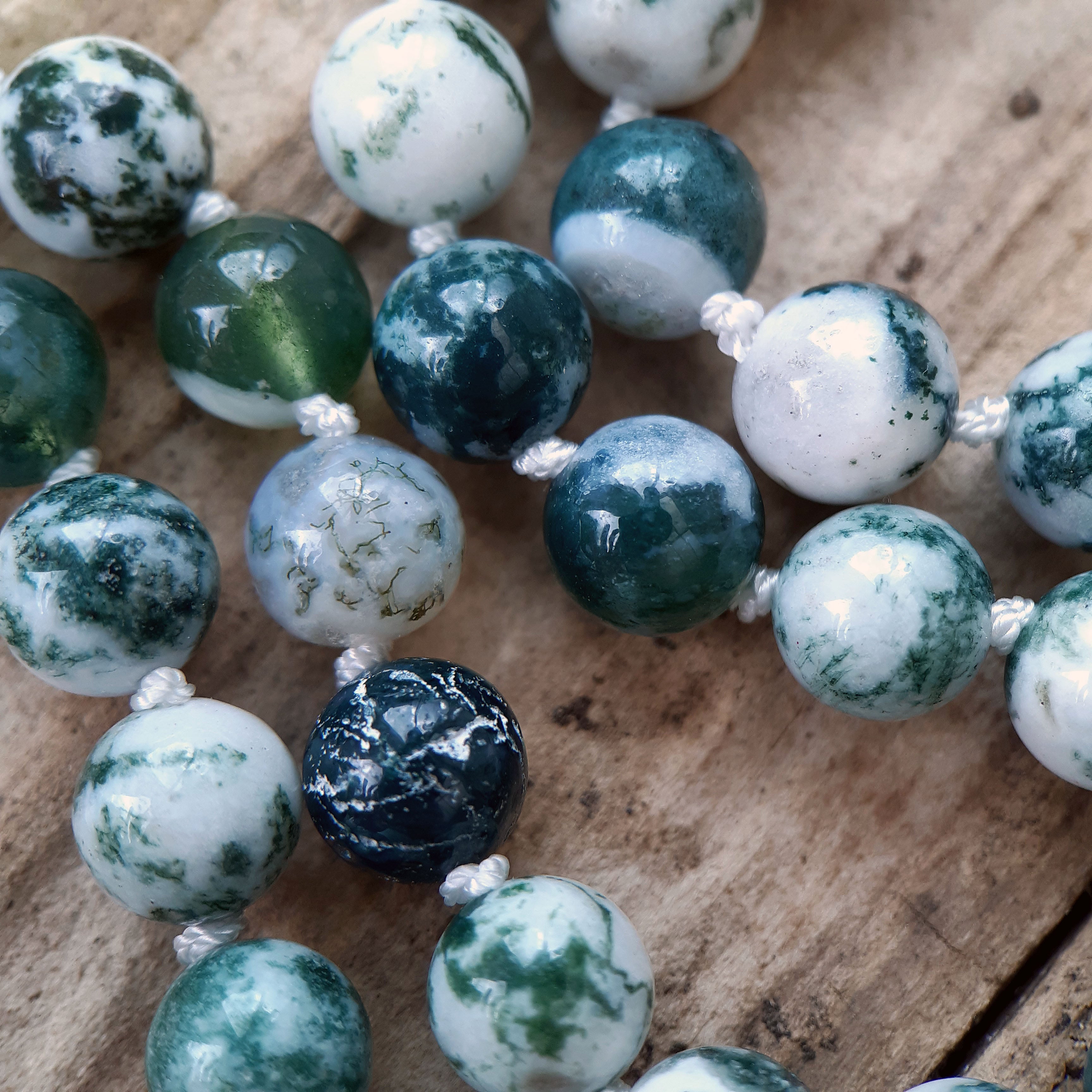 Tree Agate, Moss Agate, White Jade and Ocean Jasper Mala Necklace