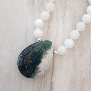 Tree Agate, Moss Agate, White Jade and Ocean Jasper Mala Necklace