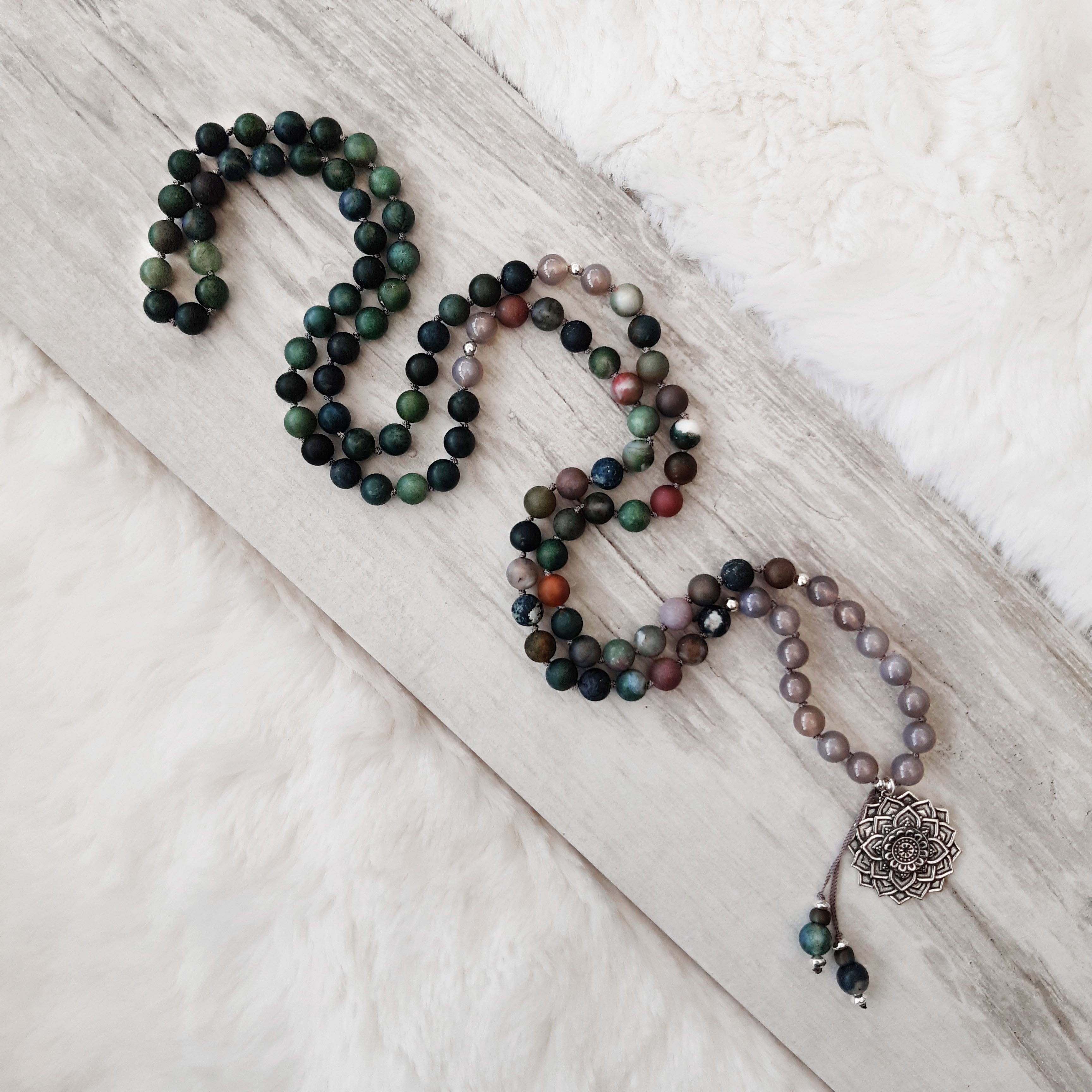 Frosted Moss Agate, Indian Agate and Grey Agate Mala Necklace