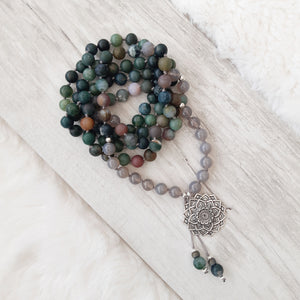 Frosted Moss Agate, Indian Agate and Grey Agate Mala Necklace