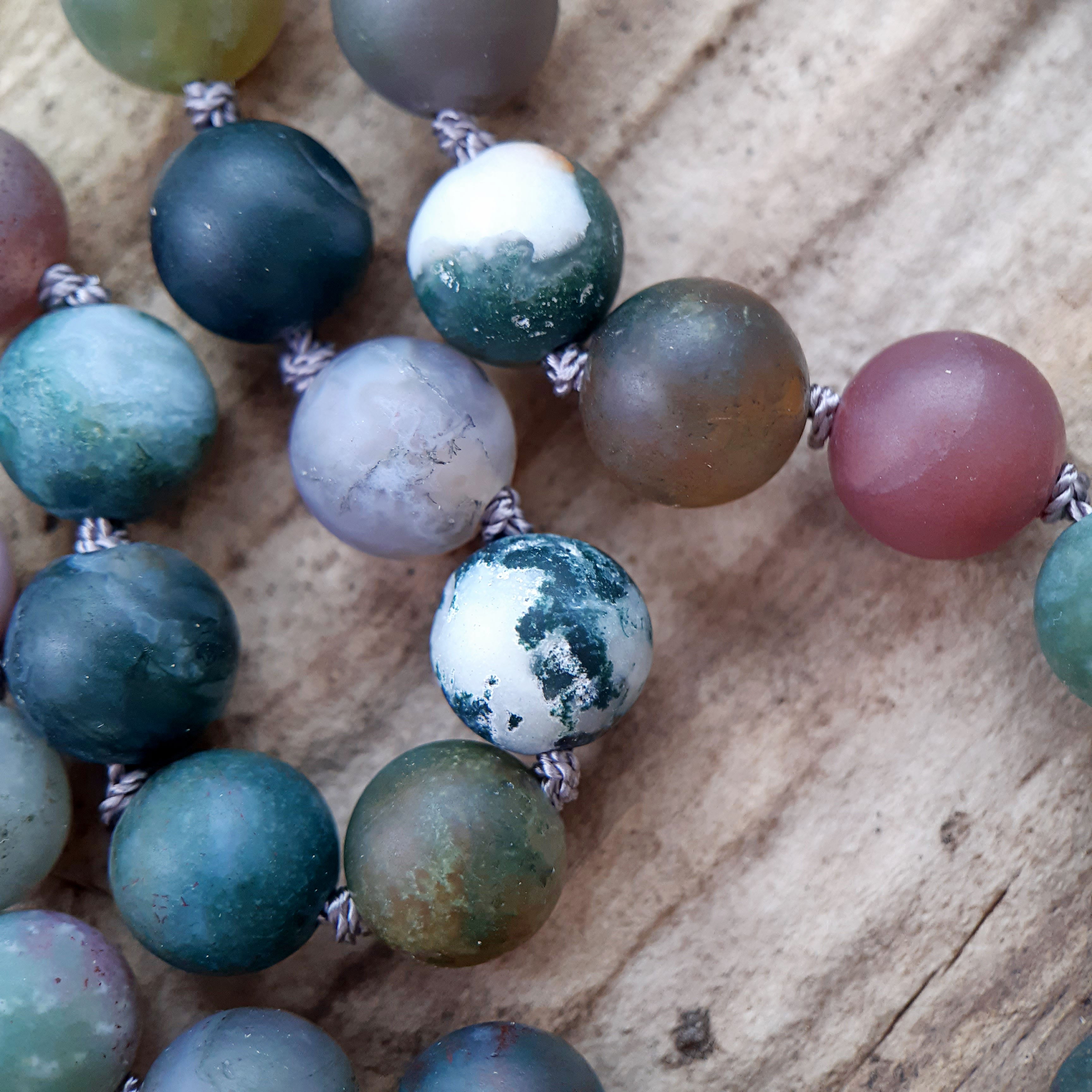 Frosted Moss Agate, Indian Agate and Grey Agate Mala Necklace