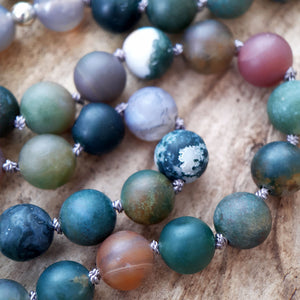 Frosted Moss Agate, Indian Agate and Grey Agate Mala Necklace