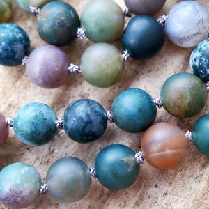 Frosted Moss Agate, Indian Agate and Grey Agate Mala Necklace