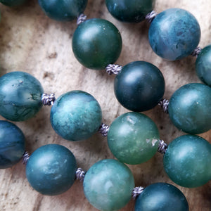 Frosted Moss Agate, Indian Agate and Grey Agate Mala Necklace