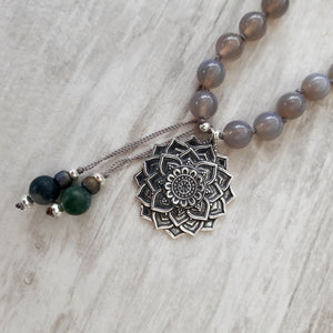 Frosted Moss Agate, Indian Agate and Grey Agate Mala Necklace