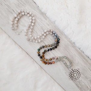 Ocean Jasper, Grey Moonstone and White Lace Agate Mala Necklace