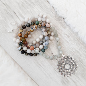 Ocean Jasper, Grey Moonstone and White Lace Agate Mala Necklace