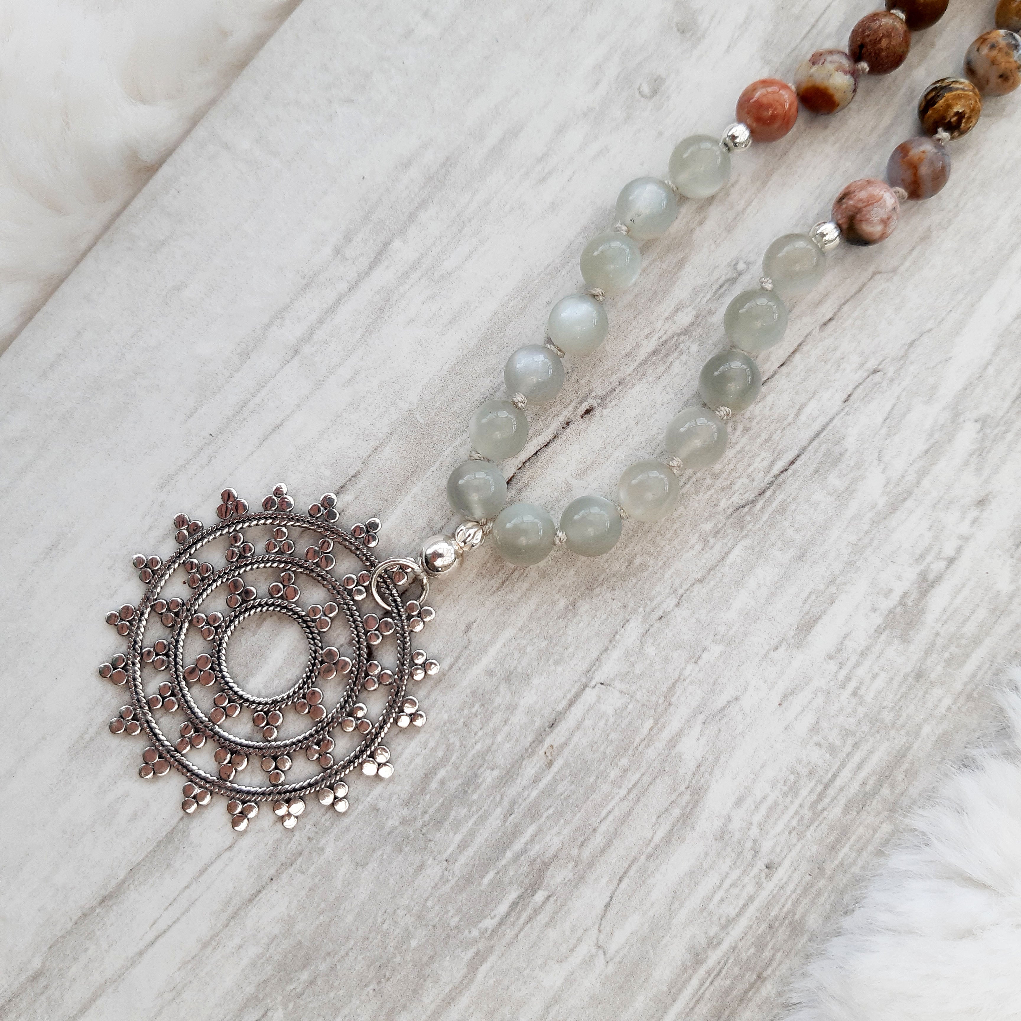 Ocean Jasper, Grey Moonstone and White Lace Agate Mala Necklace