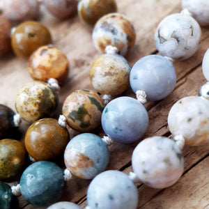 Ocean Jasper, Grey Moonstone and White Lace Agate Mala Necklace