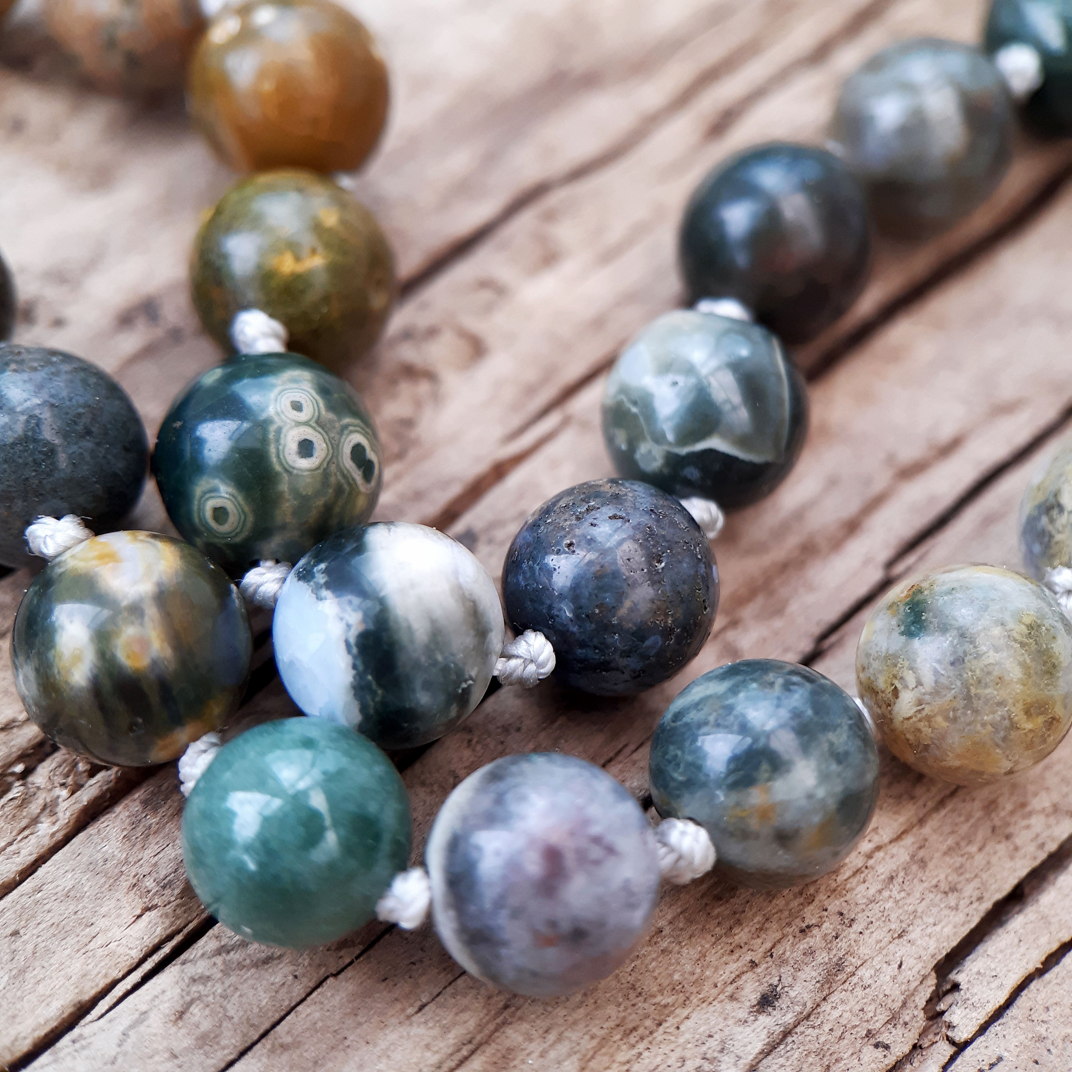 Ocean Jasper, Grey Moonstone and White Lace Agate Mala Necklace