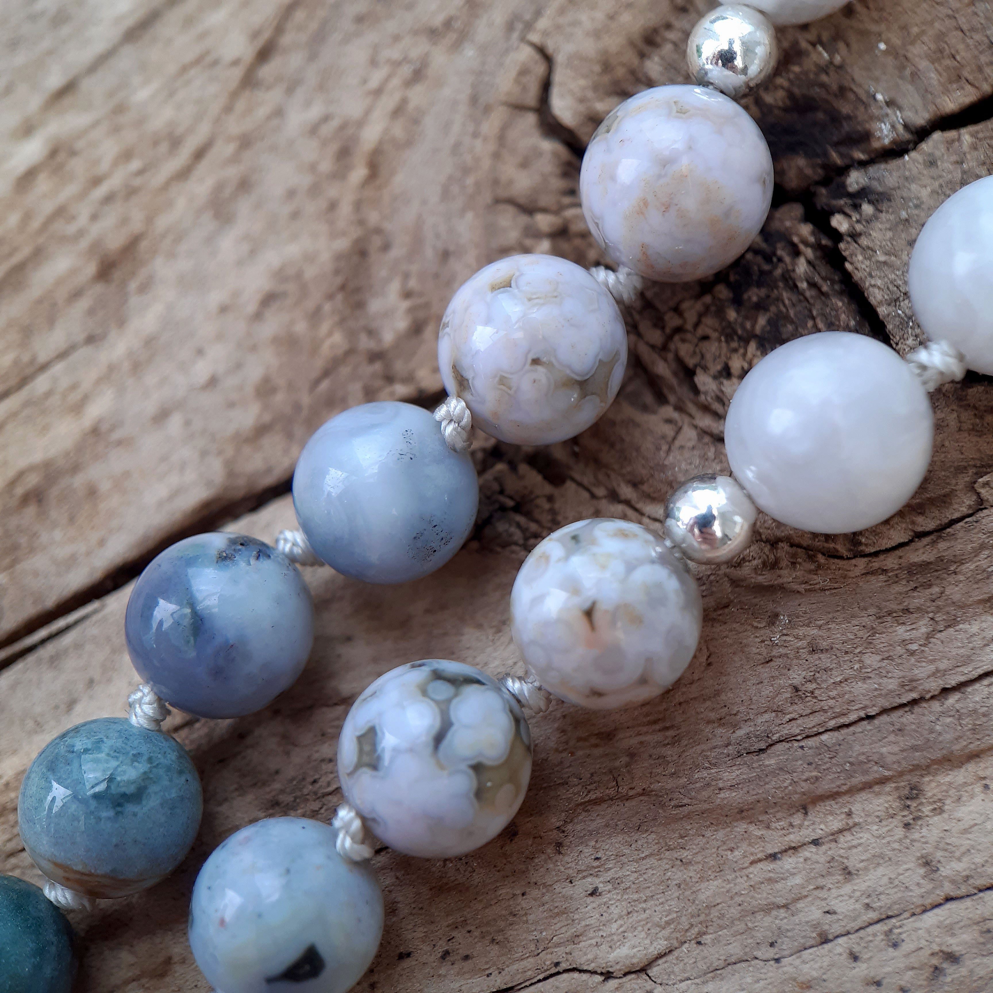 Ocean Jasper, Grey Moonstone and White Lace Agate Mala Necklace