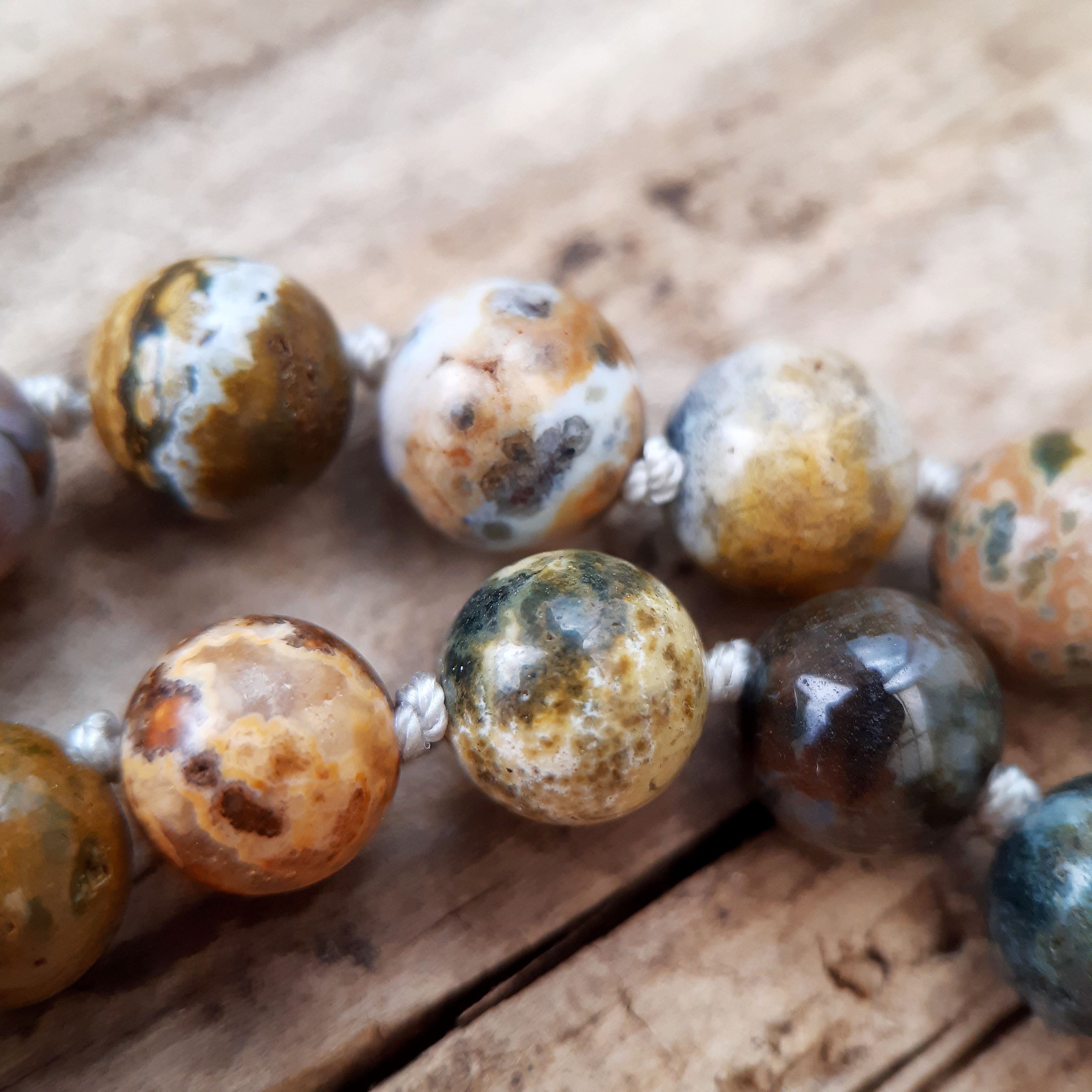 Ocean Jasper, Grey Moonstone and White Lace Agate Mala Necklace