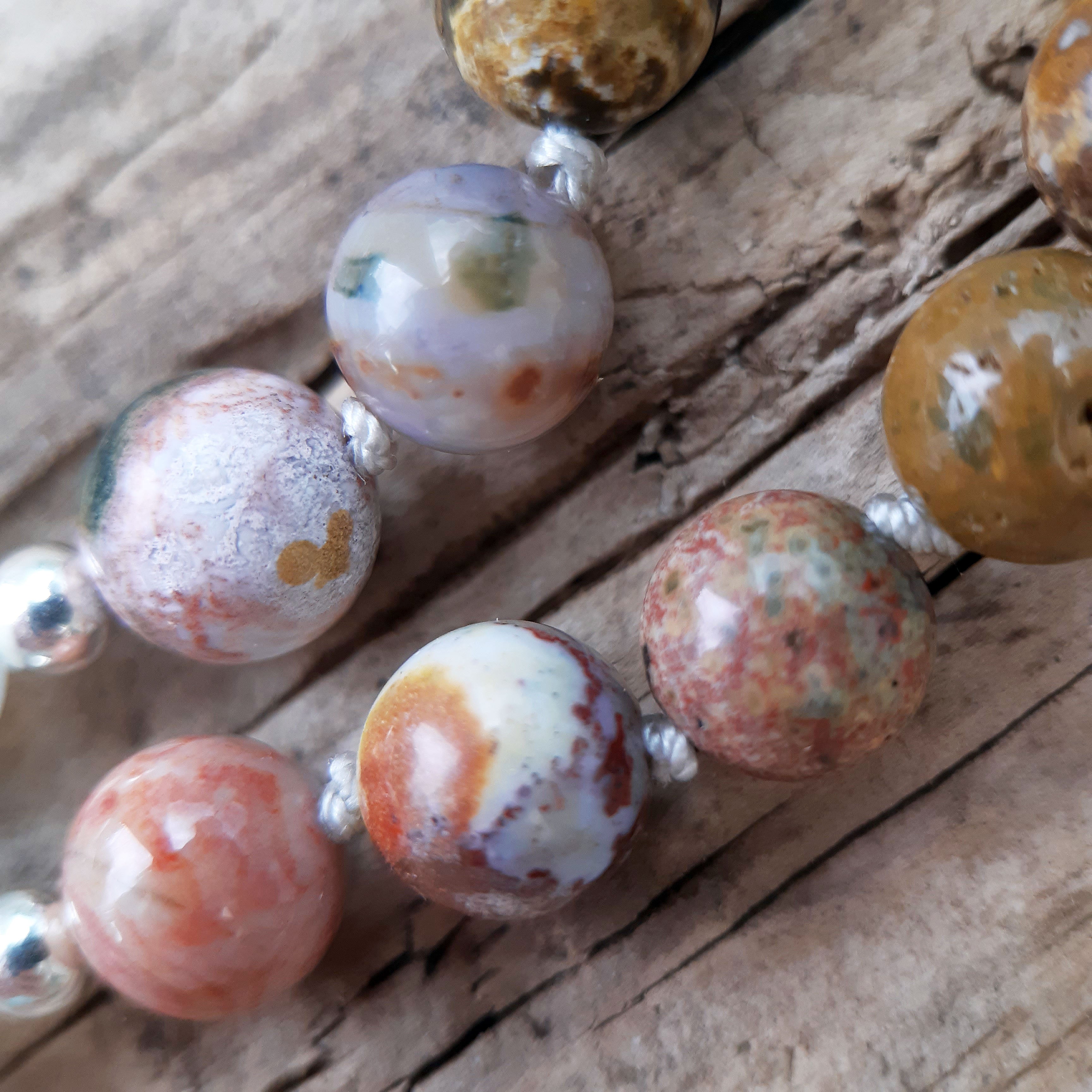 Ocean Jasper, Grey Moonstone and White Lace Agate Mala Necklace