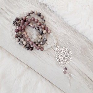 White Jade, Purple Quartzite and Porcelain Jasper Mala Necklace