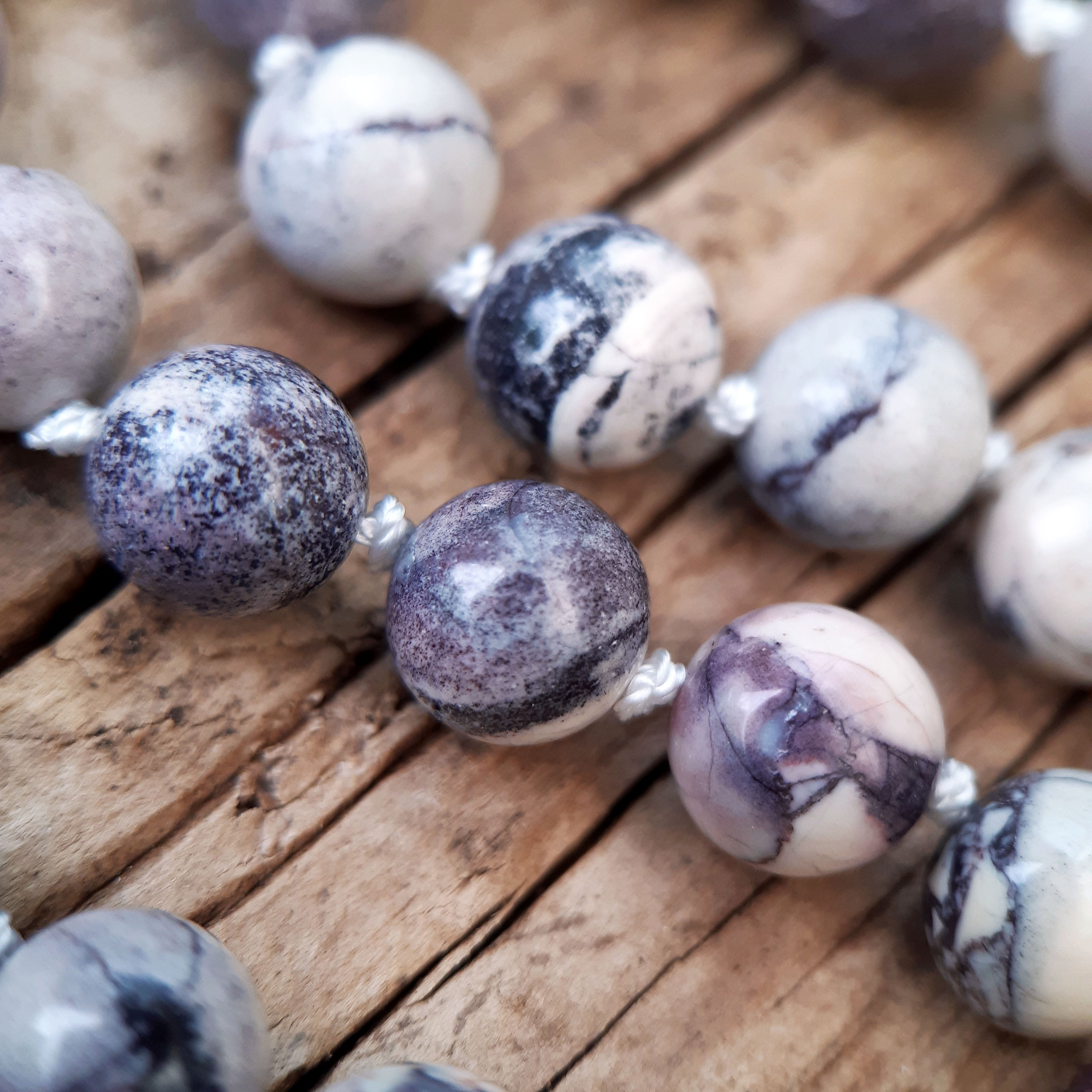 White Jade, Purple Quartzite and Porcelain Jasper Mala Necklace