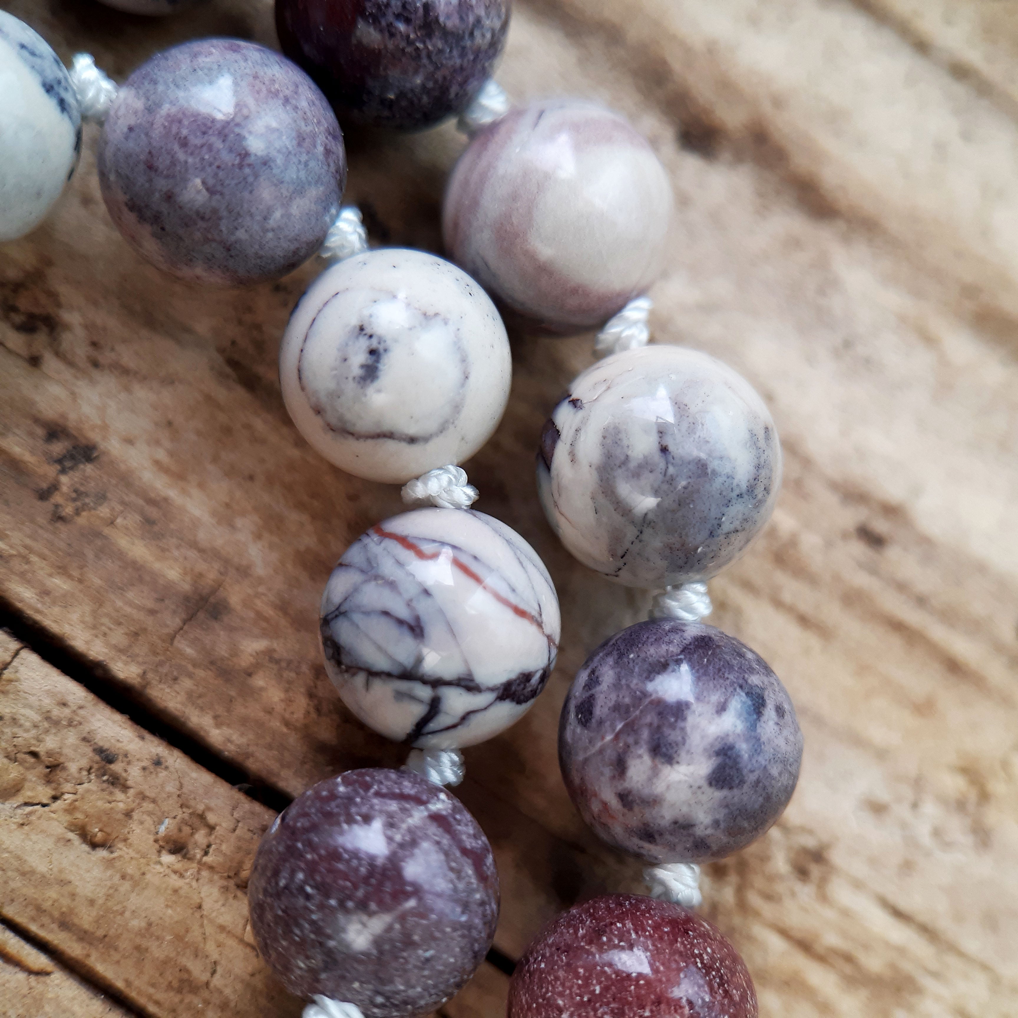 White Jade, Purple Quartzite and Porcelain Jasper Mala Necklace